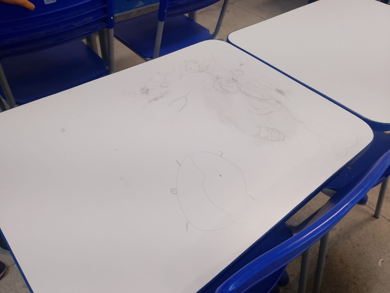 Mesa após a presença dos alunos.