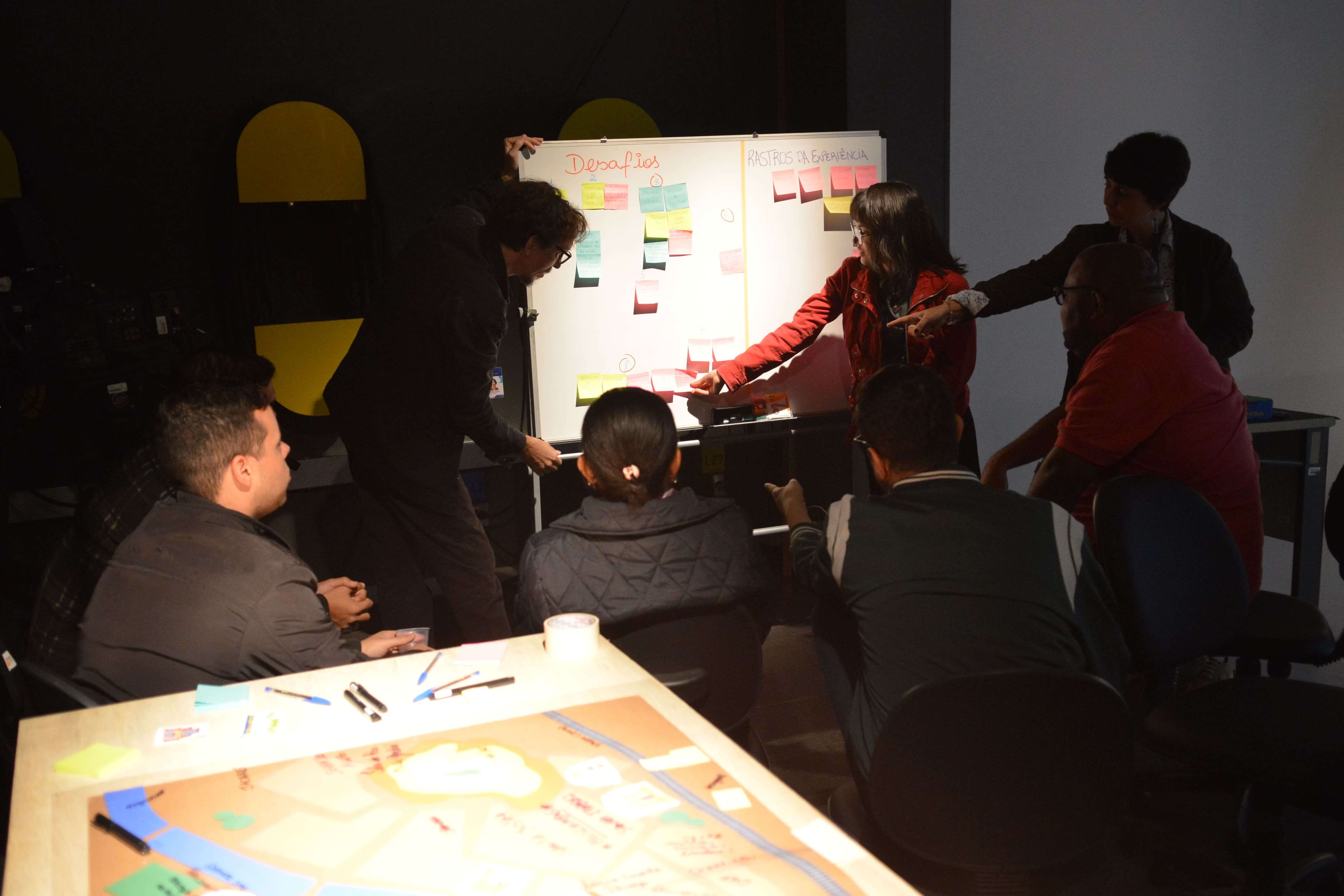 A equipe de mentoria da MultiRio orienta o grupo na identificação, seleção e categorização dos desafios levantados pelos participantes durante a atividade coletiva.