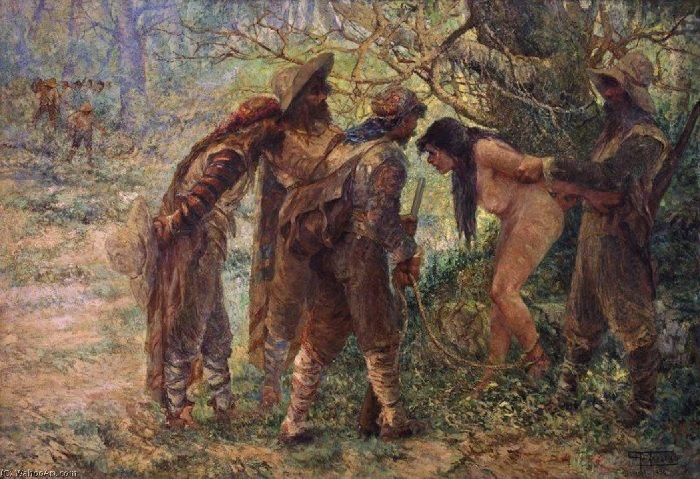 Óleo sobre tela. Homens brancos armados, com roupas de camapanha, aprisionam mulher indígena nua. Ela tem uma corda amarrada em seu pé. Um dos homens a prendem pelos braços.