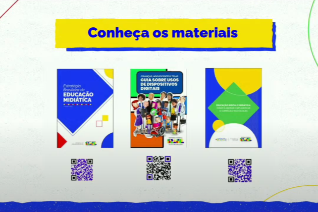 Print de tela. Tela de apresentação com texto: conheça os materiais. Imagens das capas das publicações e QR codes para acesso.