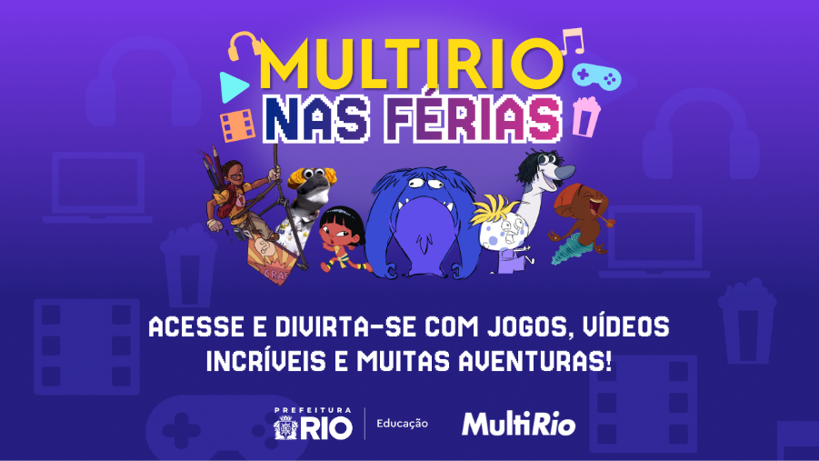 Banner do site MultiRio nas Férias, com personagens infantis e chamada para jogos, séries e atividades para crianças e adolescentes durante as férias escolares. 