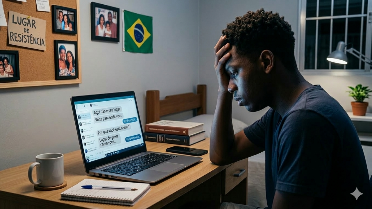 Um jovem negro está sentado em uma mesa de estudos em um quarto simples e organizado, apoiando a cabeça com uma das mãos enquanto encara a tela de um laptop com expressão de preocupação e cansaço. A luz do abajur e do computador ilumina parcialmente seu rosto, destacando seu semblante tenso e introspectivo.  Na tela do laptop, há uma conversa de chat em português contendo mensagens hostis e discriminatórias, como “Aqui não é seu lugar”, “Volta para onde veio” e “Por que você está online?”, indicando que ele está sendo alvo de ataques ou exclusão online.  Sobre a mesa, há um caderno aberto com uma caneta, um celular, uma caneca e alguns livros empilhados, sugerindo um ambiente de estudo. Ao fundo, na parede, há um mural com fotos de família e um cartaz com a frase “Lugar de resistência”, além de uma bandeira do Brasil pendurada. Esses elementos contrastam com o conteúdo negativo na tela, reforçando a tensão entre um espaço pessoal de apoio e identidade e a experiência de hostilidade vivida no ambiente digital.