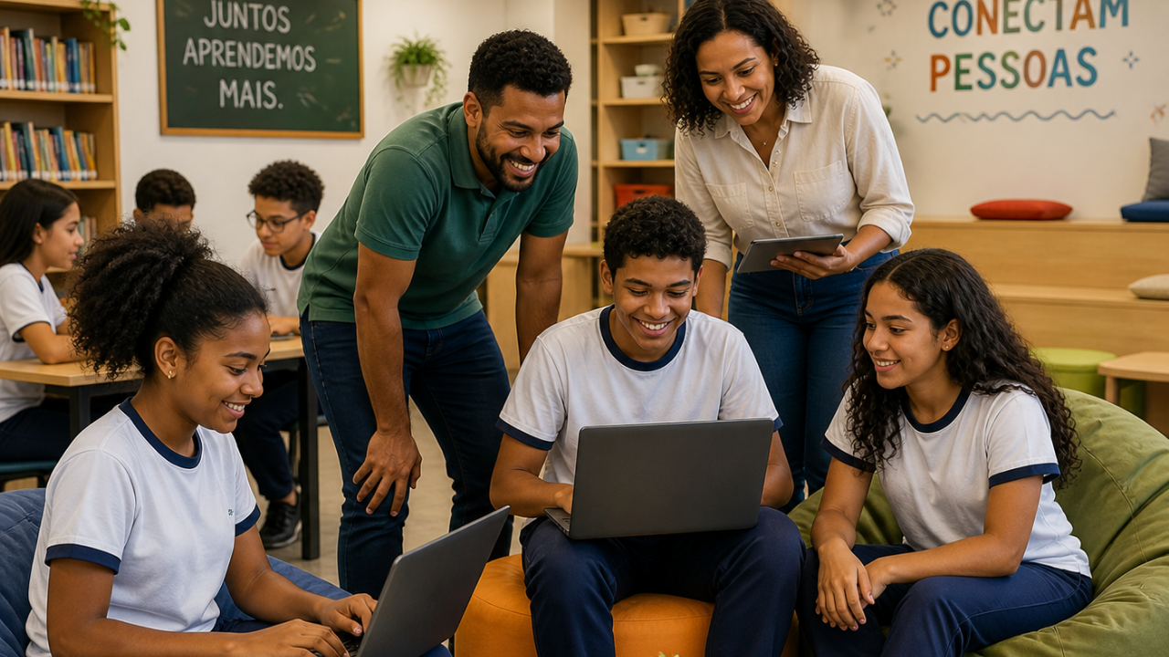 Grupo de estudantes em uma sala de aula colaborativa usando laptops enquanto dois professores acompanham a atividade. Os alunos sorriem e interagem em um ambiente moderno e acolhedor, com estantes de livros, pufes coloridos e mensagens motivacionais nas paredes