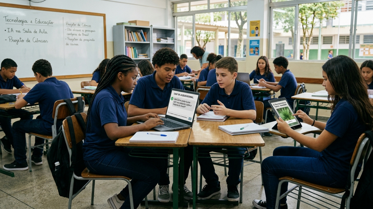Alunos em ambiente escolar usando computadores.