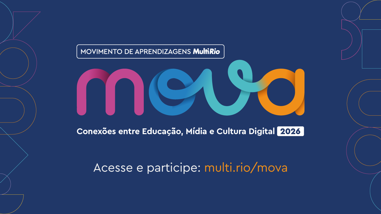 Arte. Logo do MOVA - Movimento de Aprendizagens MultiRio em fundo azul e com o texto: acesse e participe multi.rio/mova