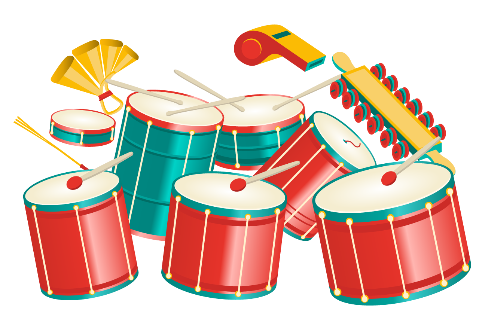 Ilustração de vários instrumentos de uma bateria de escola de samba.